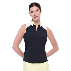 NEW Belyn Key Women's LARGE Sleeveless Polo Golf Shirt 1/4-Zip Black Yellow